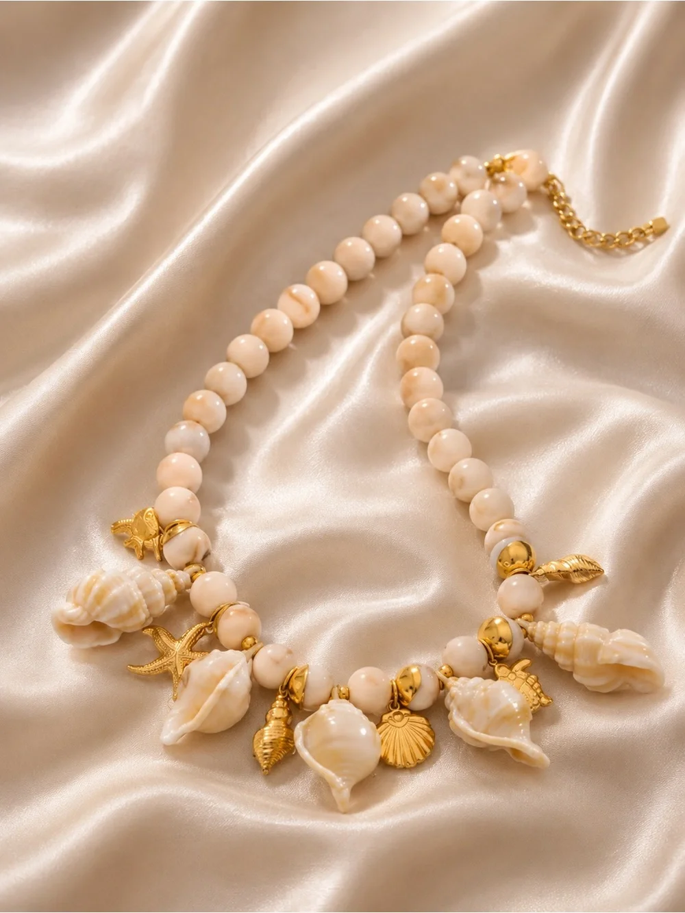 Couture Gold Cream Shell Charm Beaded Necklace - Picture 2 of 11